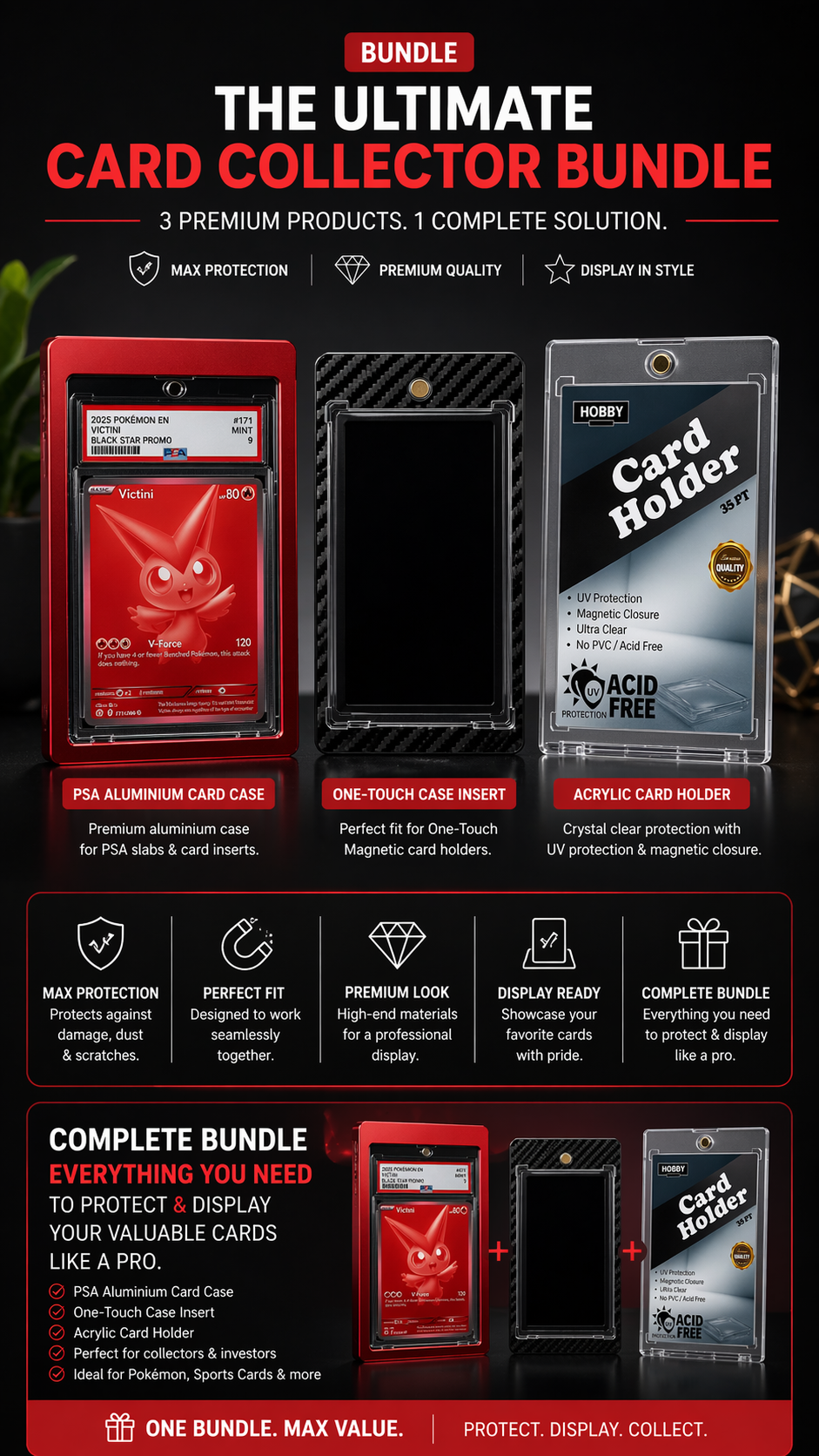 PSA Aluminium Card Case + One-Touch Insert Bundle – Premium Display & Beskyttelse til Samlekort – billede 3